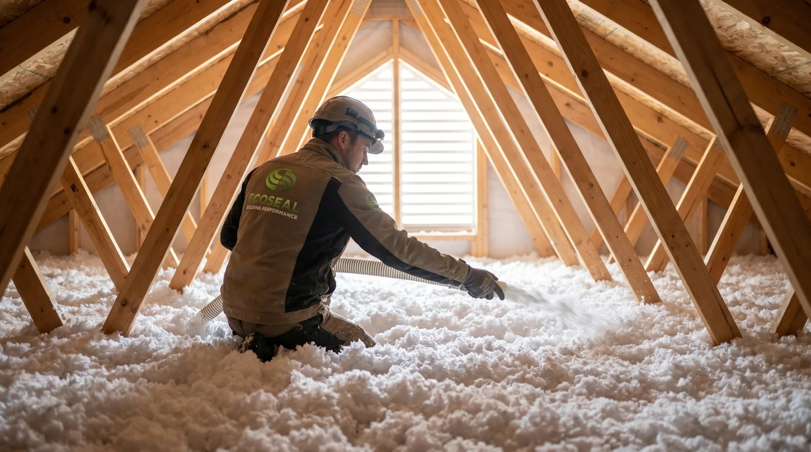 Installer adding blown-in insulation between the joists of a BC attic to qualify for a rebate
