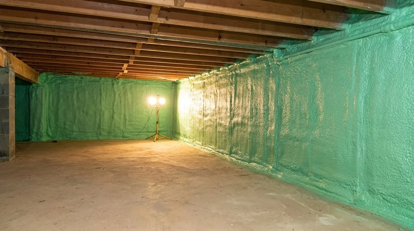 Closed-cell spray foam applied to the walls of a sealed BC crawl space