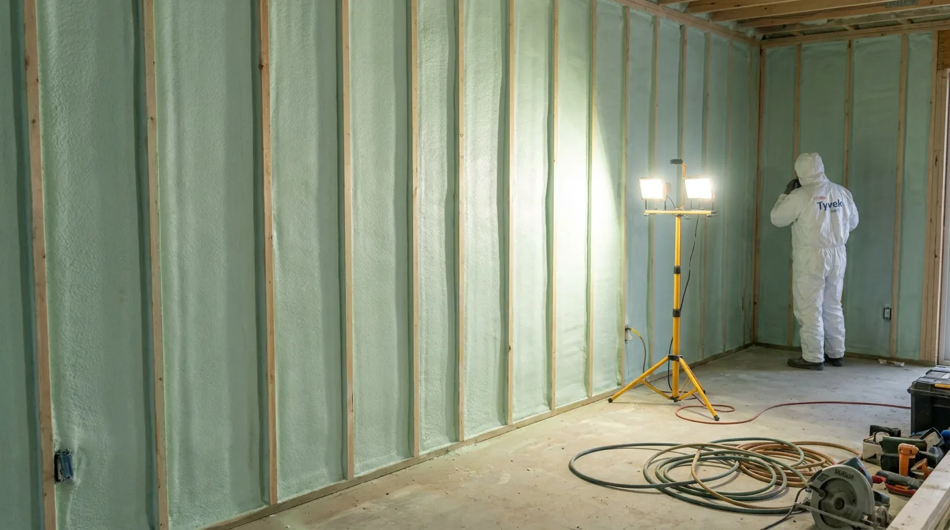 Spray foam insulation applied to an exterior stud wall in a BC new build